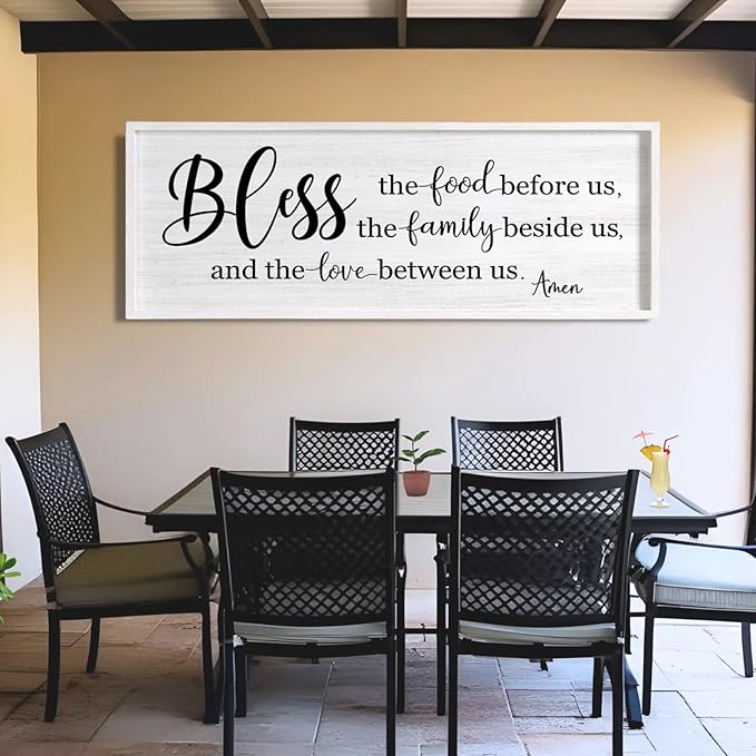Bless the Food Before Us, the Family Beside Us, and the Love between us Framed Wall Art for Dining Room, 40''×15'' Holy Positive Religious Rustic Bible Verse for Christian God Jesus Christ Prayer-Ruum Studio Home