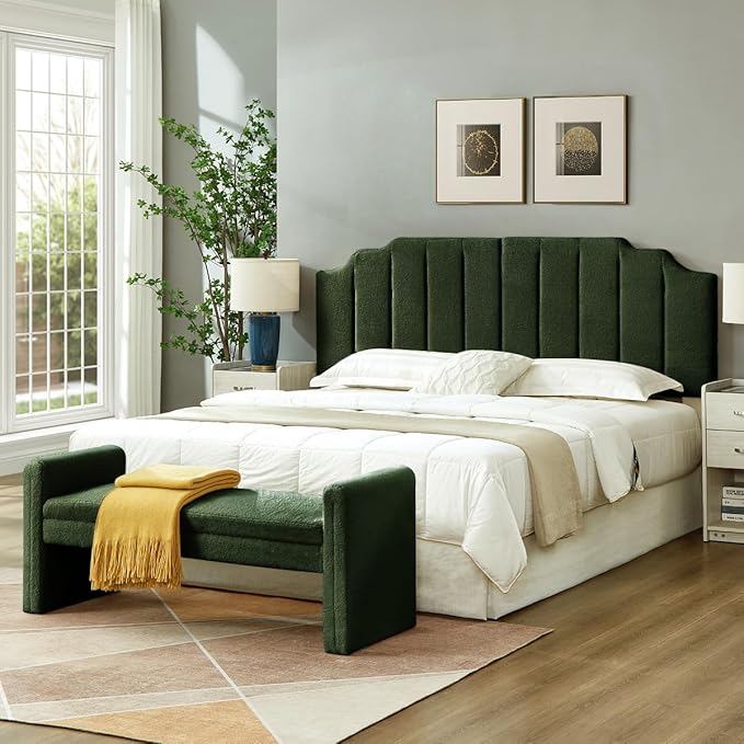 24KF Dark Green Teddy Fabric Tufted King Upholstered Headboard, Modern Vertical Channel Design California King Headboard with Stepped Silhouette Top Edge,6026-K-Teddy Dark Green-Ruum Studio Home