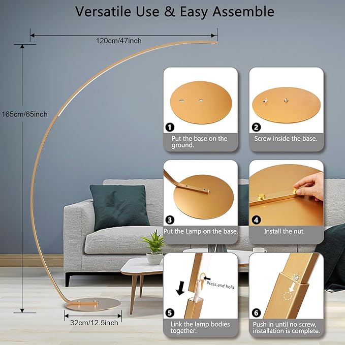 NUÜR Arc Floor Lamp, 67" Tall Gold LED Modern Standing Floor Lamp with Remote Control, Arched Bright Floor Lamps for Living Room Bedroom Office Home-Ruum Studio Home