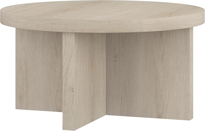 Henn&Hart 33" Round Wood Pedestal Low-Profile Coffee Table for Living Room, Family Room, Office or Apartment, Alder White-Ruum Studio Home