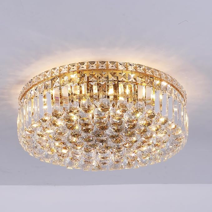 6-Lights Gold Crystal Flush Mount Chandelier Light Fixture K9 Crystals Modern Ceiling Lights Elegant Pendant Lamp for Bedroom,Hallway,Bar,Living Room,Dining Room,H5.9 xW20 (Bulbs Not Included)-Ruum Studio Home