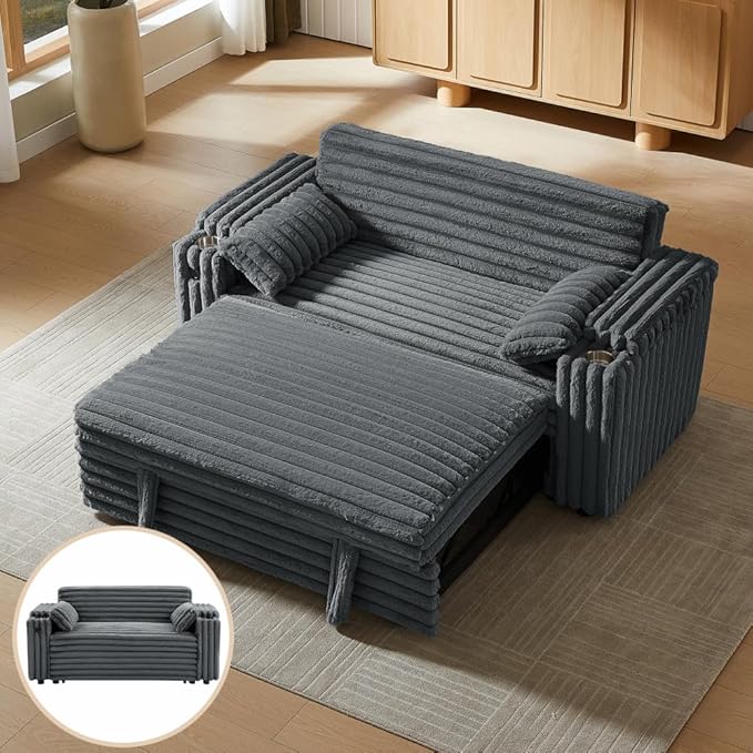 68.11" Corduroy Convertible Sofa Bed with USB Charging Port, Foldable Sleeper Chair with Pillows & Armrests, 3-in-1 Floor Couch for Living Room, Bedroom, Guest Room – Dark Gray-Ruum Studio Home