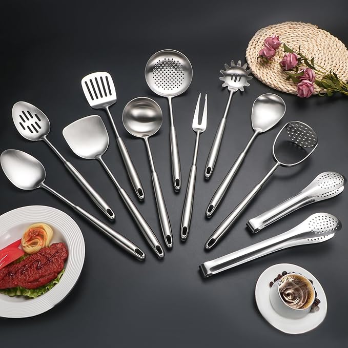304 Stainlss Steel Kitchen Utensils Set, 12 Pcs Long Metal Cooking Utensil Gadgets Tools Set with Spatula, Ladle, Spoon, Ladle, Skimmer, Tunner, Pasta Server, Tongs(Silver, Dishwasher Safe)-Ruum Studio Home