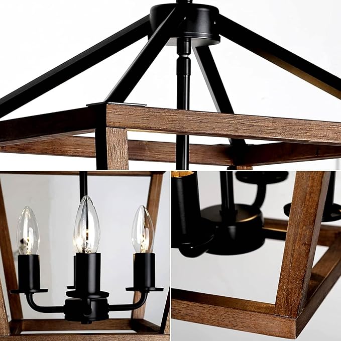 4-Light Lantern Pendant Light,Black Wood Cage Farmhouse Chandelier for Kitchen Island,12'' Rustic Metal Geometric Hanging Lighting Fixture for Kitchen Island Dining Room Bedroom Foyer Entry-Ruum Studio Home