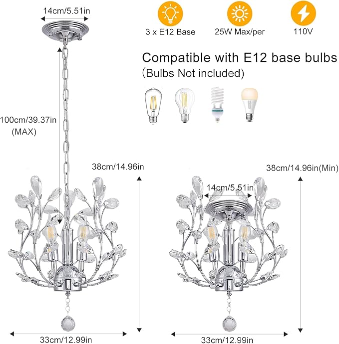 Ganeed 3-Light Branch Crystal Chandelier, Small Flush Mount Vintage Pendant Hanging Lighting, K9 Crystal Farmhouse Ceiling Light for Dining Room Bedroom Living Room Kitchen Hallway, Chrome Silvery-Ruum Studio Home