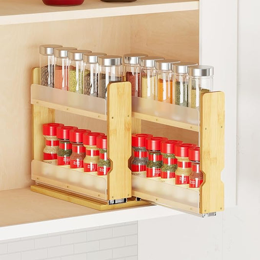 SpaceAid Bamboo Pull Out Spice Rack Organizer for Cabinet, Heavy Duty Slide Out Seasoning Kitchen Pantry Sliding Vertical Organization, 5.1" Wide, 2 Drawers(2" Wide), 2-Tier, Natural-Ruum Studio Home