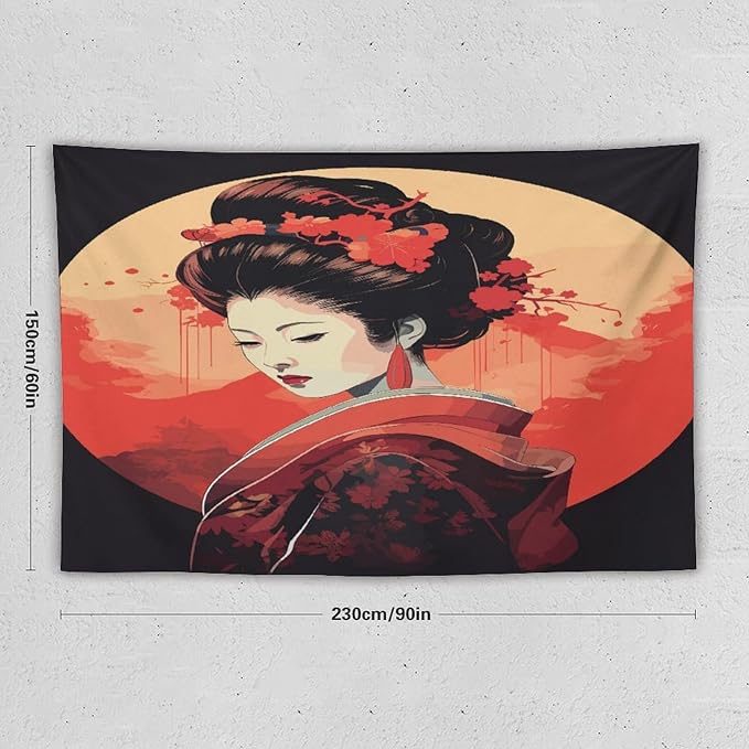 Japanese Woman Geisha Tapestry Asian Cherry Blossom Red Sun Traditional Kimono Folk Tapestries Home Decor for Living Room Bedroom Apartment Farmhouse Dorm 90"x60"-Ruum Studio Home