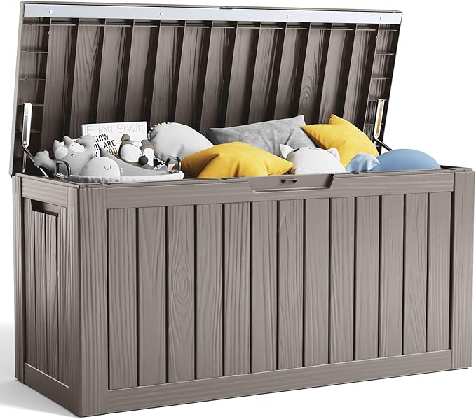 80 Gallon Resin Deck Box, Lockable Patio Outdoor Storage Box for Furniture, Garden Tools and Tools Storage, Waterproof Outside Storage Boxes - Grey-Ruum Studio Home