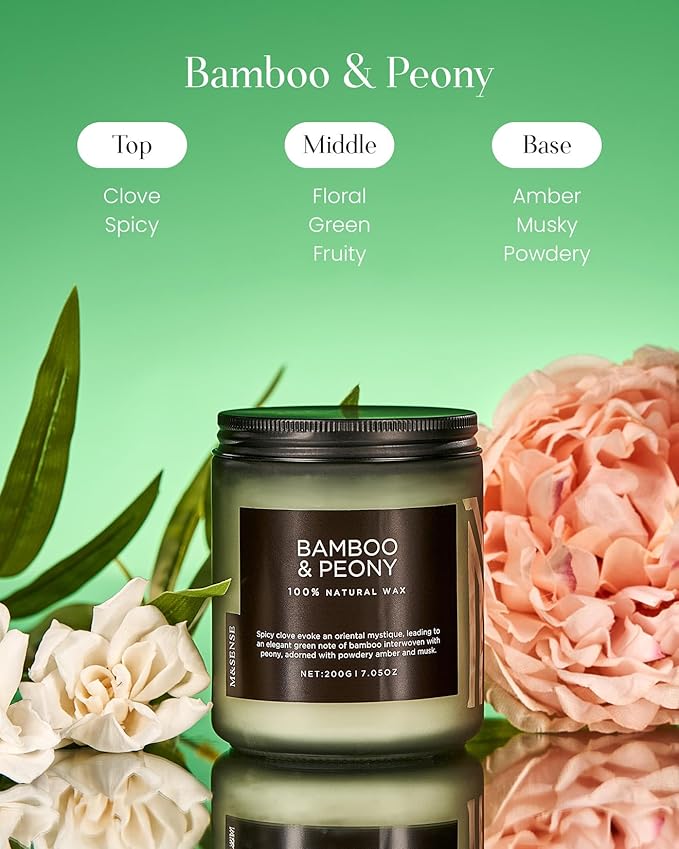 M&SENSE Bamboo Peony Spring Jar Candles for Home Scented Natural Organic Soy Candle Gifts for Women, 7.05oz 50 Hour Hours Burn Fresh Smelling Aromatherapy Gifts for Stress Relief-Ruum Studio Home