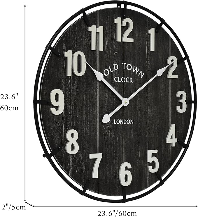 Large Old Town Farmhouse Wall Clock – 24 Inches Rustic Antique Wood with Metal Circle and Large Numerals, Silent Battery Operated Clock for Office, Kitchen, Bedroom, Living Room (Black)-Ruum Studio Home
