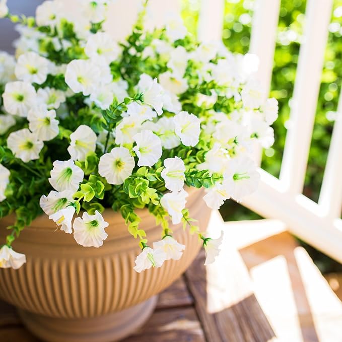 Artificial Flowers for Outdoors Fake Plants Outside Decoration, 12 Bundles Silk White Morning Glory UV Resistant Look Real Faux Flowers for Planter Front Door Porch Patio Yard Gardens Balcony-Ruum Studio Home