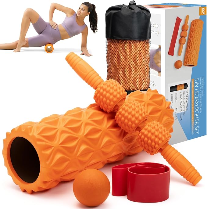 5 in1 Foam Roller Set, Trigger Point Foam Roller, Massage Roller Stick, Massage Ball, Resistance Band for Deep Muscle Massage Pilates Yoga,Fitness Exercise for Whole Body (Pure Orange)-Ruum Studio Home