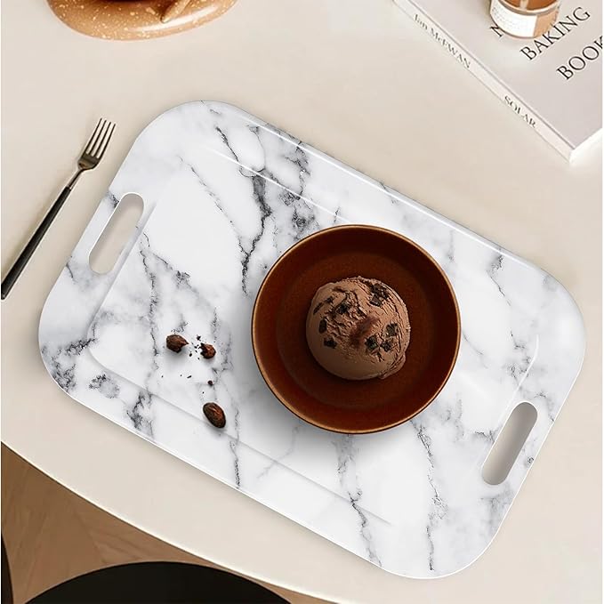 Serving Trays with Handles, 14.5 x 9.8 inch Rectangular Plastic Tray for Restaurant, Kitchen, Gray White Marble-Ruum Studio Home