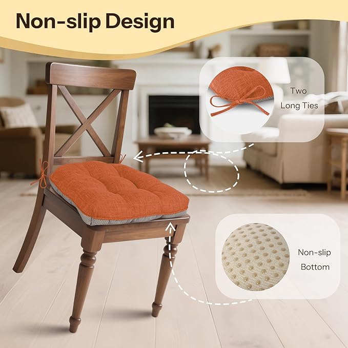 Non Slip Chair Cushions for Dining Chairs Set of 4 Kitchen Chair Cushions 18"x18"x3" Turfted Chair Pads Comfortable and Soft Seat Cushion with Ties, Orange-Ruum Studio Home