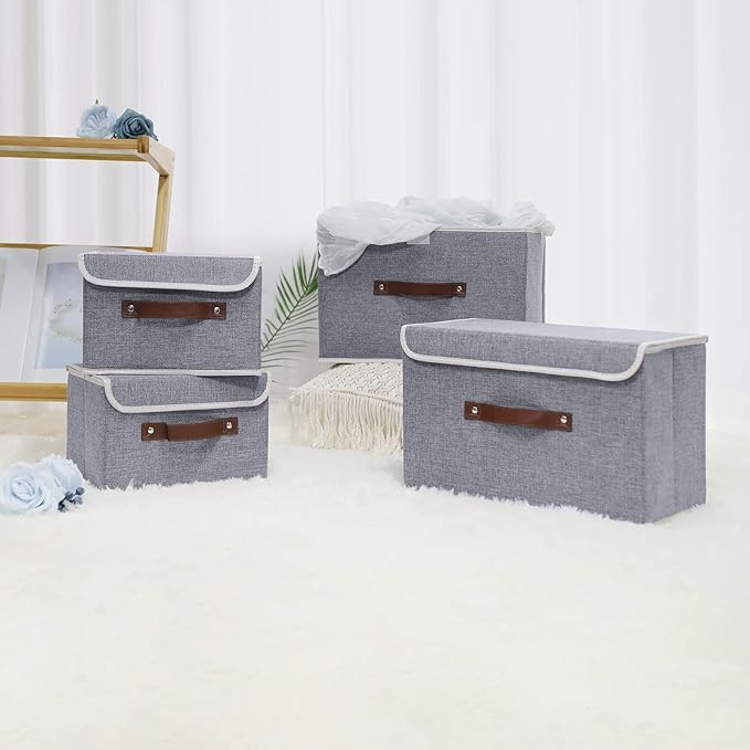 ANMINY Storage Bin with Lid Storage Boxes with PU Leather Handles PP Plastic Board Decorative Foldable Lidded Cotton Linen Fabric Home Cubes Baskets Closet Organizer Container - Gray, Small Size-Ruum Studio Home