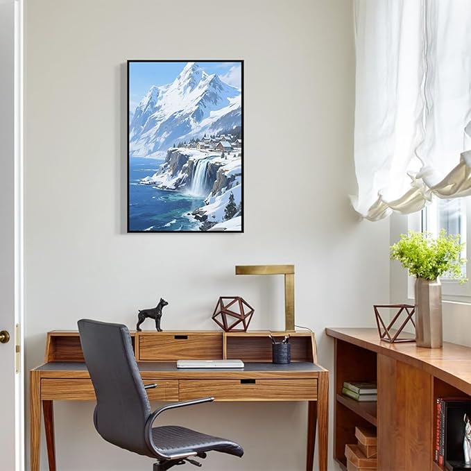 Winter lakeside town and snowy scenery merge together to form a landscape poster wall art suitable for living room bedroom and office-Ruum Studio Home