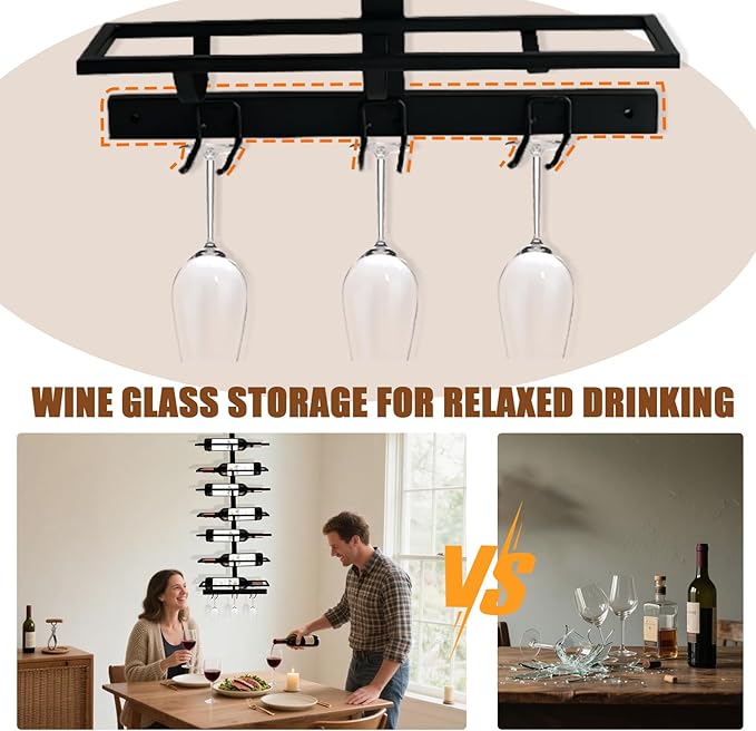 16 Bottle Wall Mount Wine Rack with Wine Glass Holder, Metal Wine Wall Rack, Wall Racks for Wine Bottles Display and Storage, Hanging Bottle Organizer for Living Dining Room Wine Cellar Bar (Black)-Ruum Studio Home