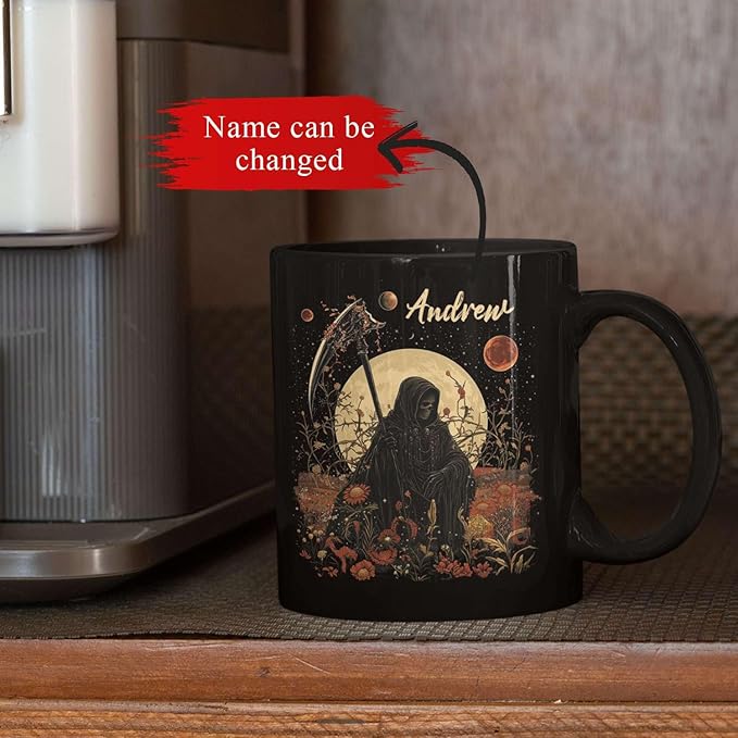 Custom Name Coffee Mug, Halloween Inspired Ceramic Cup 11oz 15oz, Personalized Spooky Reaper Coffee Cup, Halloween Character White Mug with Moon and Floral, Gifts for Men, Women-Ruum Studio Home