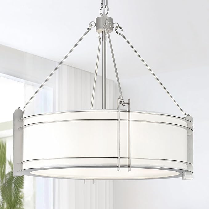 20.4''Drum Chandelier,5-Light Brushed Nickel Modern White Fabric Chandeliers,Farmhouse Round Pendant Light Fixture for Dining Room Kitchen Island Living Room Bedroom Hallway-Ruum Studio Home