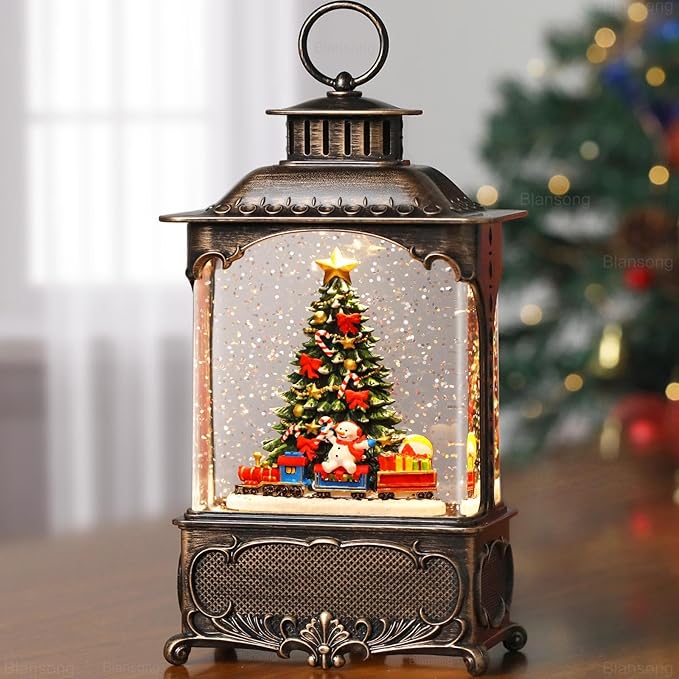 Christmas Tree Snow Globe Lantern Christmas Decorations Gifts Auto Snowfall Glitter Music Collection Snowman Train Candy Cane with 6H Timer USB/Battery Powered 10.2 inch-Ruum Studio Home