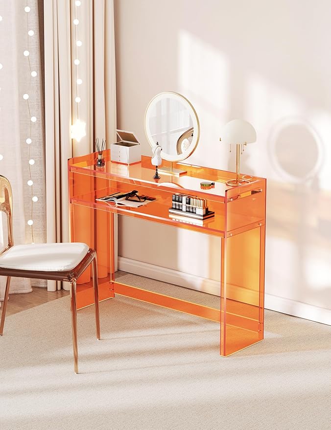 Acrylic Console Table, Entryway Table with Storage Shelves (1, 39.4 * 31.5 * 11.7 inches) (Orange)-Ruum Studio Home