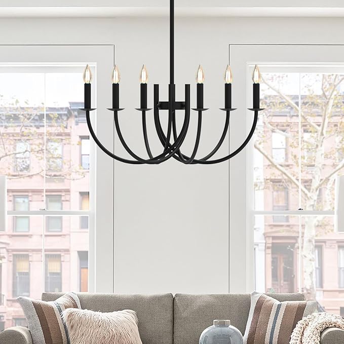 Black Dining Room Chandelier, LED Hanging Lamp Ceiling, Modern Round Candle Pendant Light Fixtures for Farmhouse Living Room Bedroom Kitchen Island (Black-C 6Lights)-Ruum Studio Home