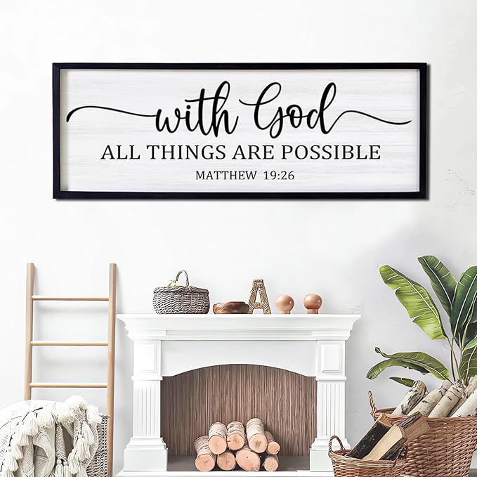 With God All Things are Possible Framed Wall Art, 40''×15'' Black Positive Religious Rustic Bible Verse for Christian God Jesus Christ Prayer, Holy Horizontal Inspirational Catholic Scripture Decor-Ruum Studio Home