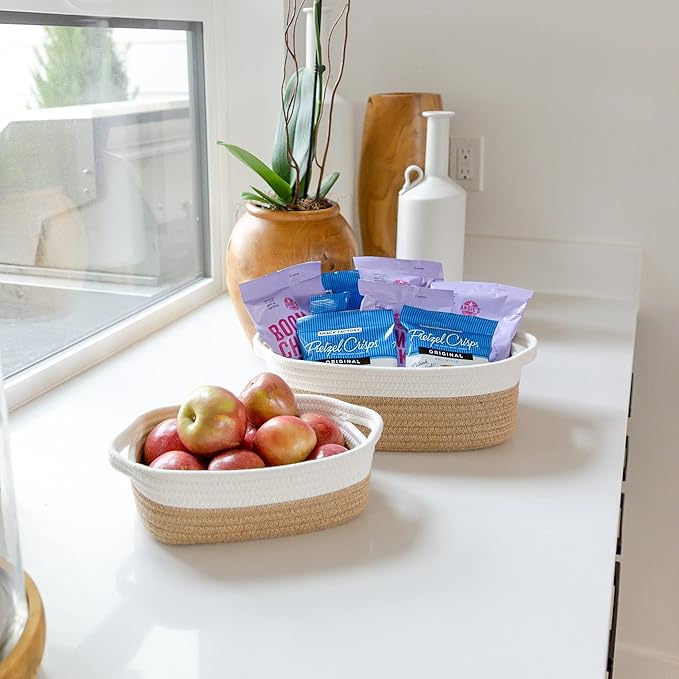 NaturalCozy 5-Piece Rectangle Storage Basket Set- Natural Cotton Rope Woven Baskets for Organizing! Small Basket for Montessori, Baby Nursery, Dog Toy Baskets, Cat Toy Box, Bathroom Organization Bin-Ruum Studio Home