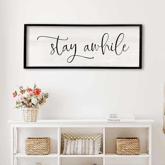 Stay AWhile Sign Wall Decor Sign 40"X15" Large Living Room Entryway Wood Framed Rustic Wall Decor for Vintage Farmhouse Foyer Hanging Lets Stay Home Wall Art (Black)-Ruum Studio Home