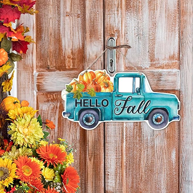 Fall Door Hanger - Pumpkin Welcome Sign, Hello Fall Wood Hanging Decors, Rustic Thanksgiving Decorative for Porch, Indoor Outdoor Autumn Door Decor(Truck), Housewarming Gift, Home Indoor Outdoor Deco-Ruum Studio Home
