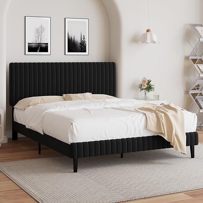 Queen Bed Frame, Velvet Upholstered Platform Bed with Vertical Channel Tufted Headboard, No Box Spring Required, Easy Assembly, Black-Ruum Studio Home