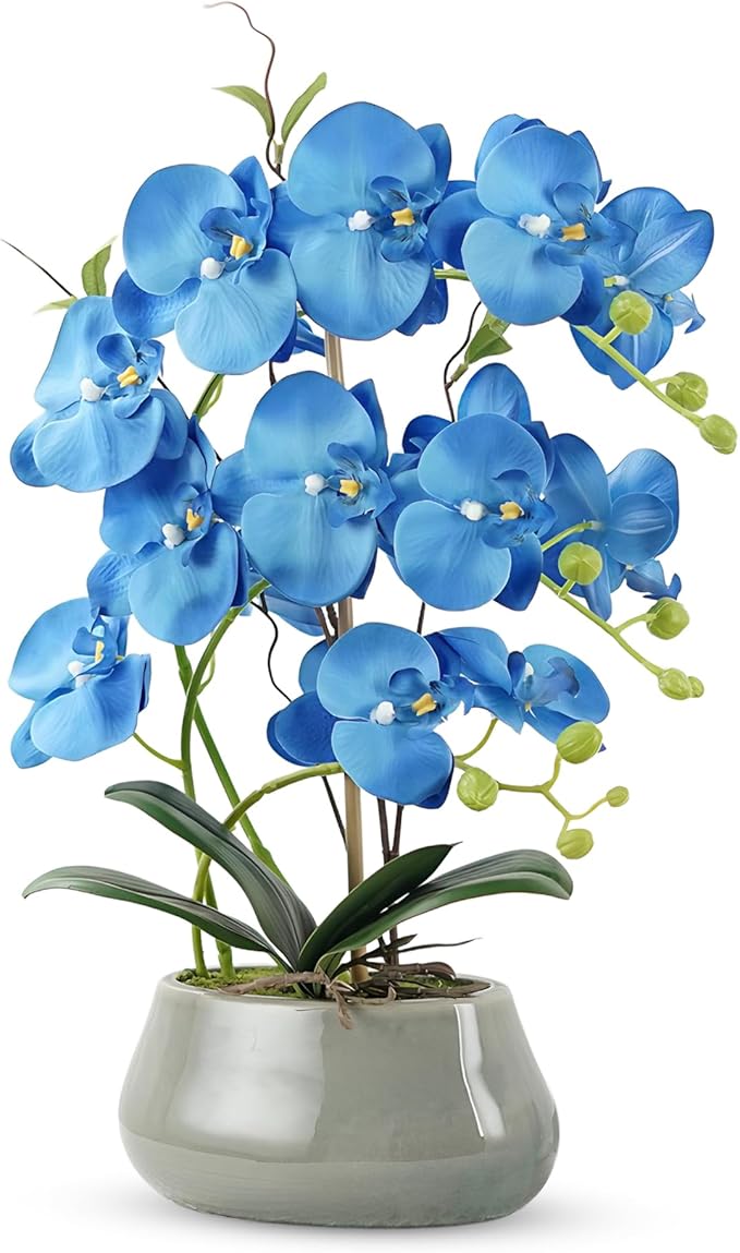 Orchid Artificial Flowers with Gray Vase Large Silk Faux Phalaenopsis Flowers for Dining Room Table Floral Centerpieces Indoor Decoration,Blue-Ruum Studio Home