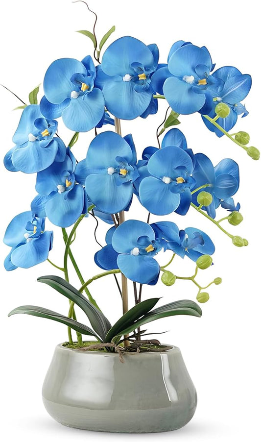 Orchid Artificial Flowers with Gray Vase Large Silk Faux Phalaenopsis Flowers for Dining Room Table Floral Centerpieces Indoor Decoration,Blue-Ruum Studio Home