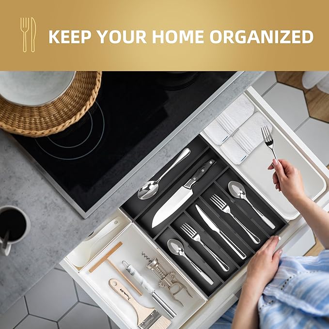 Silverware Organizer Kitchen Drawer Organizer Utensil Organizer Bamboo Silverware Holder Cutlery Organizer in Drawer Flatware Organizer Tray(7 slots, Black-Ruum Studio Home