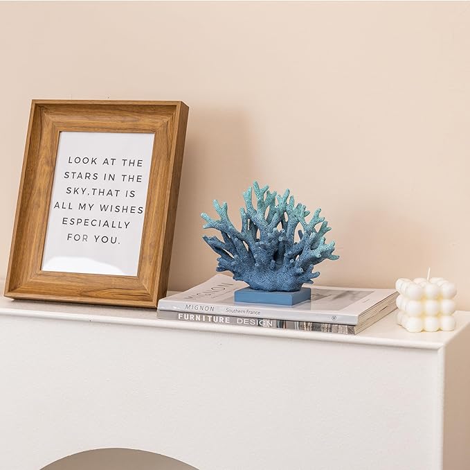 5.8" H Blue Coral Decor, Resin Coral Statue, Nautical Decorations for Home, Beach/Coastal/Ocean Themed Cabinet Shelf Tabletop Decor-Ruum Studio Home