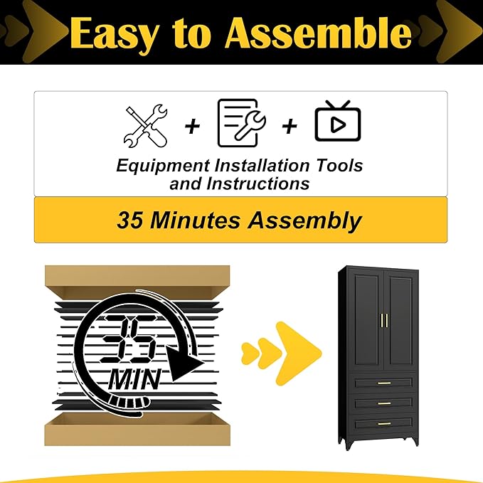 75" Kitchen Pantry Cabinet with 3 Drawers,Metal Storage Cabinets with Doors and 4 Adjustable Shelves,Black Kitchen Cabinet with 2 Gold Handles,Food Cupboard for Livingroom, Bathroom,Pantry-Ruum Studio Home