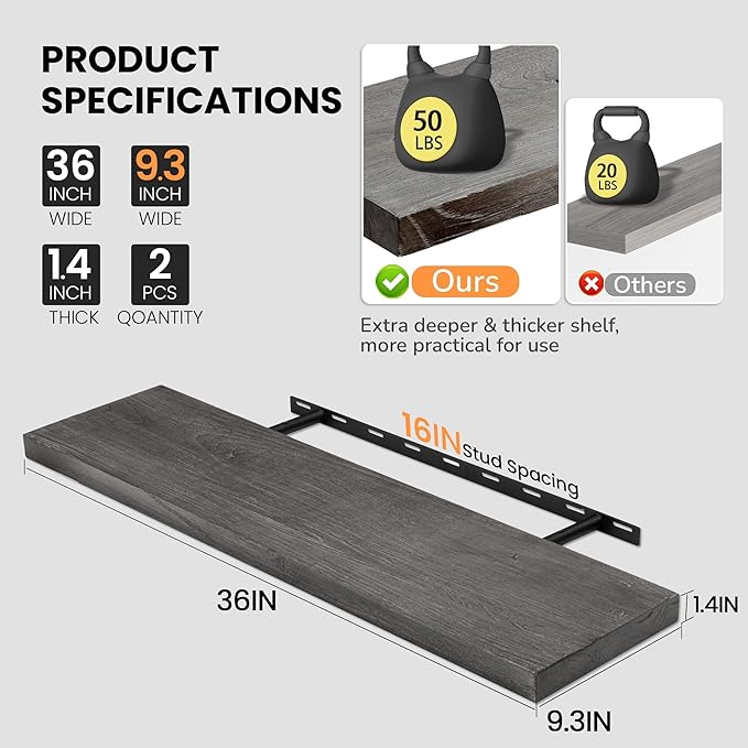 Fun Memories Floating Shelves for Wall, 36"x9.3" Rustic Solid Elm Wood Shelves, Heavy-Duty Wall Mounted Shelves with Invisible Brackets, Set of 2 for Living Room, Bedroom, Kitchen, Grey Finish-Ruum Studio Home