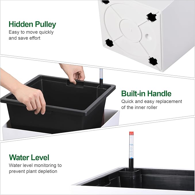 30" Tall Planters Set of 2, Outdoor＆Indoor Black Planter Pots, High Front Porch Planter Pots with Drainage Holes＆Water Level Monitor Movable Wheels ＆Inner Bucket, Automatic Watering, White-Ruum Studio Home