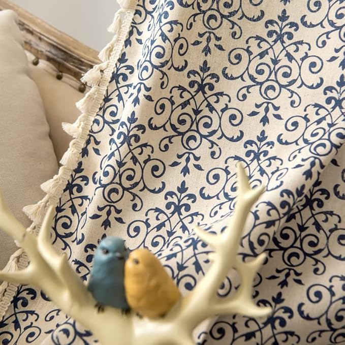 Sutuo Home Boho Curtain 84 Inches Length Semi-Blackout Bohemian Damask Moroccan Florals Print Darkening Curtains Tassels, Rod Pocket Window Treatment Drapes for Bedroom, 1 Panel 59" W x 84" L, Blue-Ruum Studio Home