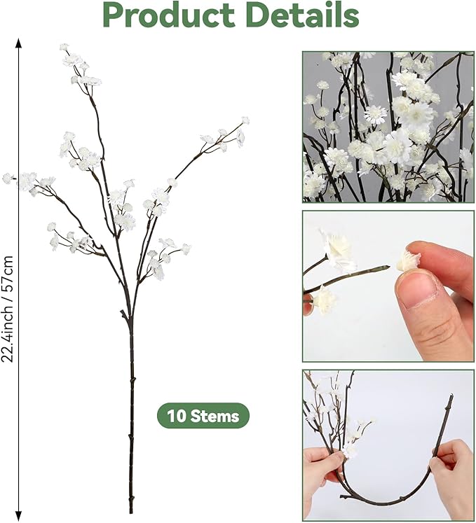 Geegoods 10 Stems White Faux Flowers for Vase – Real Touch Artificial Baby Breath Branches Long Stem for Tall Vase Indoor Home Table Centerpieces Decoration-Ruum Studio Home