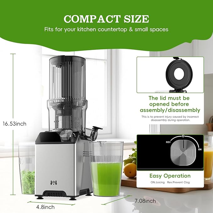 Cold Press Juicer, Juicer Machines with 4.35'' Wide Feed Chute, Stainless Steel Masticating Juicers Easy to Clean, Ergonomic Operational Panel Design, High Juice Yield, Gray Knob-Ruum Studio Home