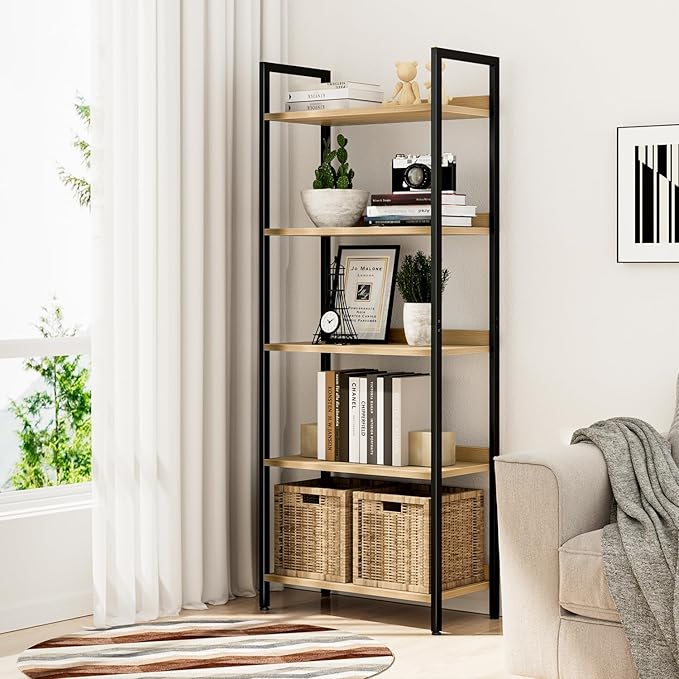 NUMENN Bookshelf, 5 Tier Bookshelves, Home Office Bookcase Shelf Storage Organizer, Free Standing Storage Shelving Unit for Bedroom, Living Room and Home Office, Natural-Ruum Studio Home