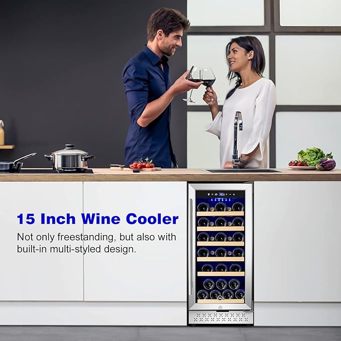 Tylza 15 Inch Wine Cooler Under Counter, 33 Bottle Built-in Wine Fridge with Stainless Steel Tempered Glass Door, Temp Memory Function, Freestanding Fast Cooling Wine refrigerator, Quiet Operation-Ruum Studio Home