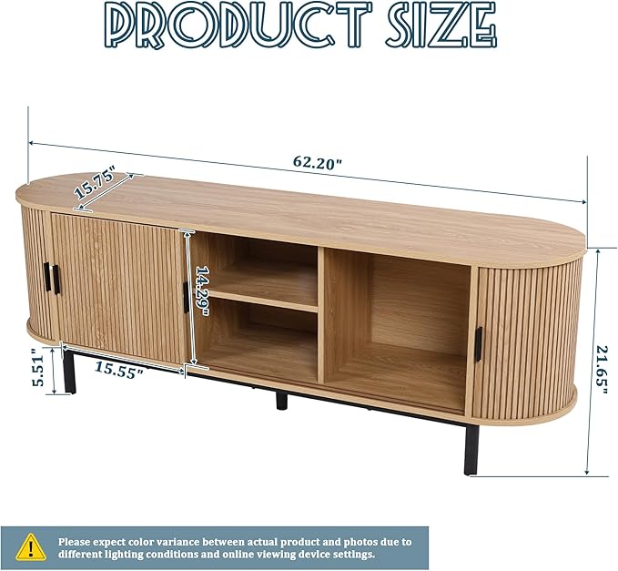 62" Tambour Door TV Stand,Wood Mid Century Modern TV Cabinet for Up to 75“ TV,Curved Edge Long TV Stand with Storage for Bedroom Living Room (Natural, 62.2inch)-Ruum Studio Home