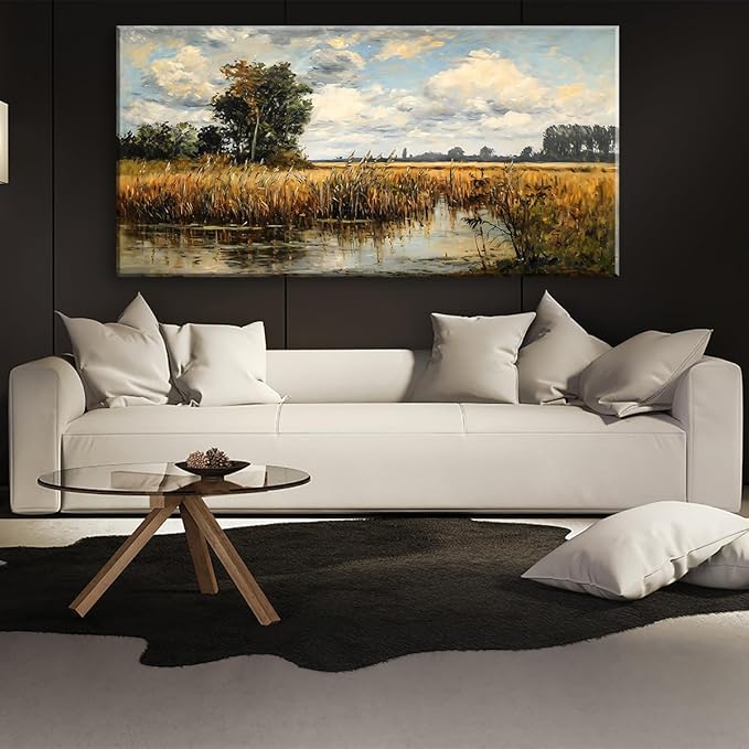 LASMOND Beautiful Wilderness Meadow Canvas Wall Art Oil Painting Reproduction Print Vintage Wildflower Field Scenery Countryside Landscape Tree Rustic Retro Decor Artwork Country Farmhouse Living Room 24x48 Inches-Ruum Studio Home