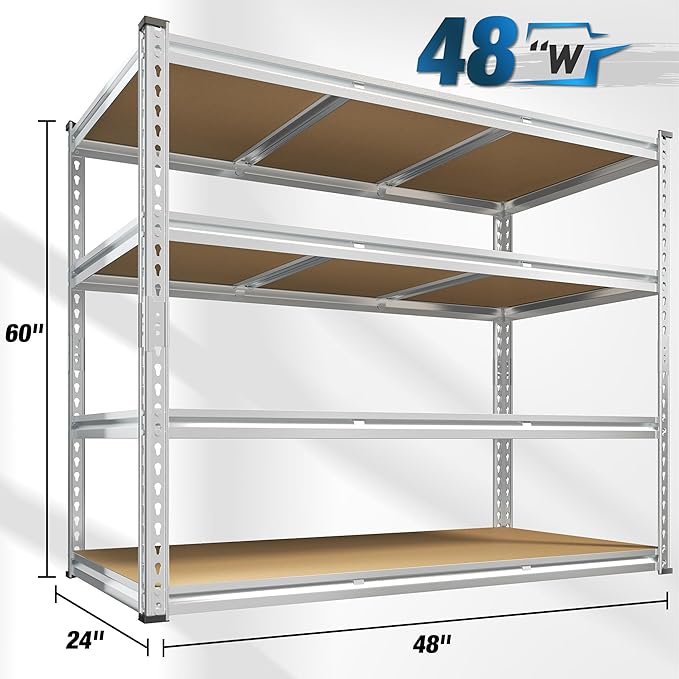 REIBII Garage Shelving, 4 Tier Storage Shelves Load 2550LBS, Adjustable Garage Shelving Heavy Duty, Metal Shelves Unit for Basement, Warehouse, 48" W x 60 "H x 24" D, Galvanized-Ruum Studio Home