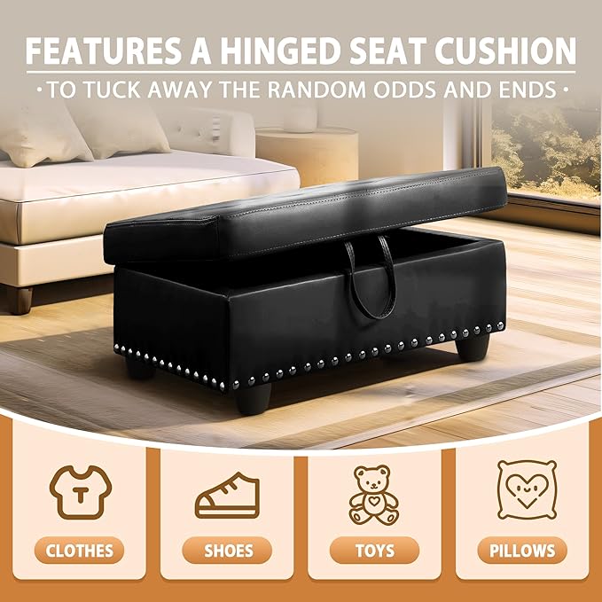 Ottoman Rectangular Storage Ottoman Bench, Faux Leather Footrest, Coffee Table, Stool Footstool with Hinged Lid for Living Room, Bedroom, Entryway, Black, 28.5"x19"x17.5"-Ruum Studio Home