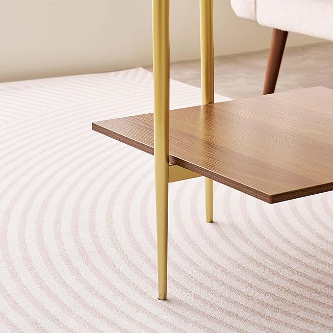 Glass End Table, Mid-Century Modern Design Sofa Table, for Living Room, 2-Tier Structure, Clear Glass Top and Walnut MDF Shelf, Sleek Conical Metal Legs with Gold Finish Frame-Ruum Studio Home