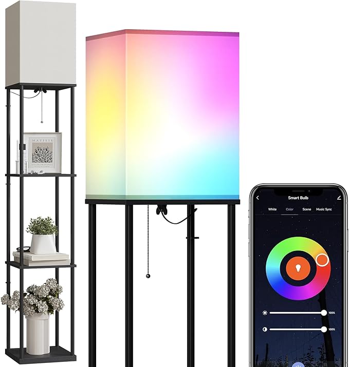 SUNMORY Floor Lamp with Shelves, Smart APP Control Standing Lamps with RGB Bulb, 4-Tier Dimmable Floor Lamps for Living Room, Tall Lamp for Bedroom, Office, Corner Display Bookshelf Lamp-Ruum Studio Home