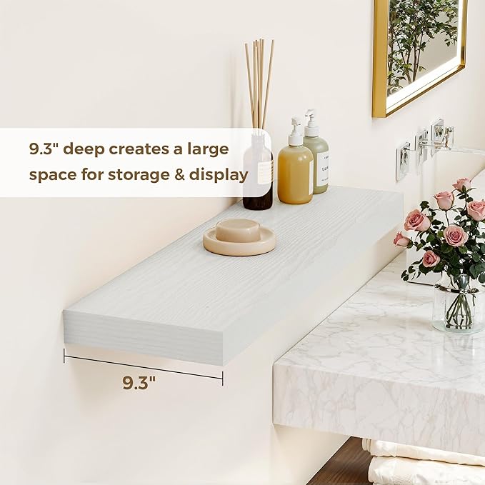 48 Inches Floating Shelves for Wall, 9.3" Deep Long Floating Shelves Set of 1, Large Display & Storage Shelf, Wall Shelf for Bathroom Bedroom Living Room Kitchen Office, White-Ruum Studio Home